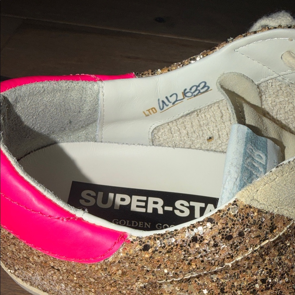 Golden Goose Gold Glitter Super Star Sneakers with Neon Pink - Picture 6 of 11